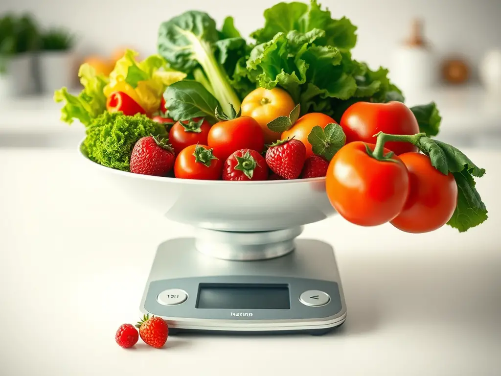 Ilustração de frutas e verduras em cima de uma balança de cozinha